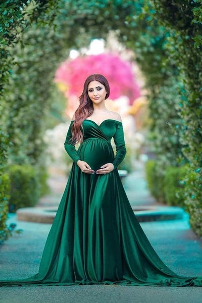 Green Velvet Maternity Gown for ...
